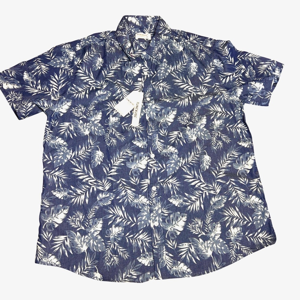 Blue And White Hawaiian Tropical Leaves Button Down Shirt Cruise Tunevuse Men M